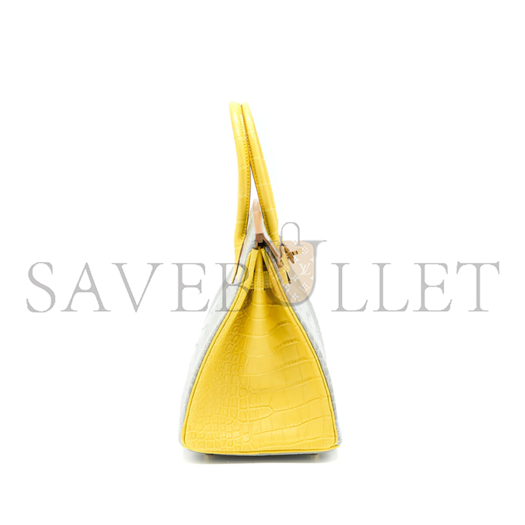 H**mes master birkin 25 crocodile leather pearl grey and yellow bag gold buckle h041354ck2s (25*20*13cm)